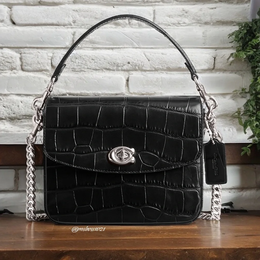 Coach Cassie Croc Leather Crossbody + Cardholder in Black/Silver NWT - Picture 4 of 12
